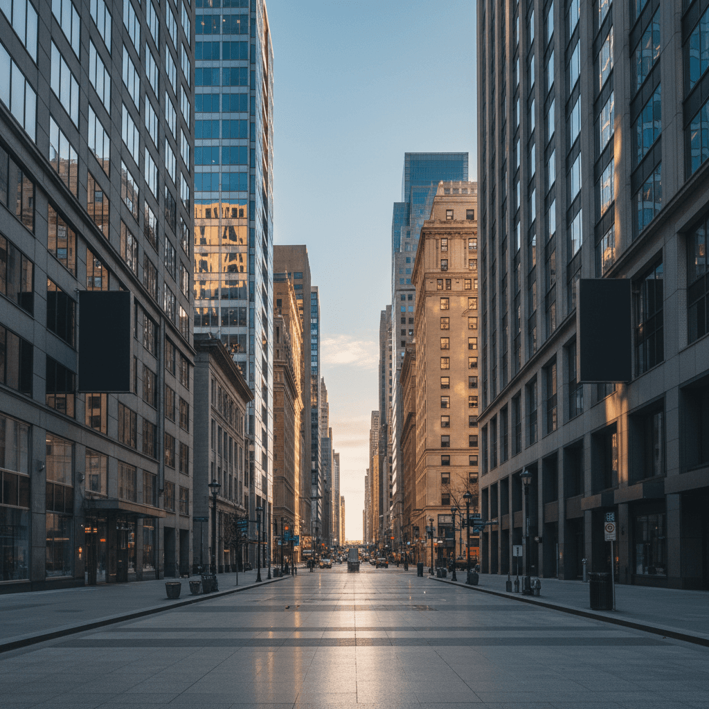 Empty urban street corridor lined with modern glass office towers and historic buildings in Philadelphia's business district