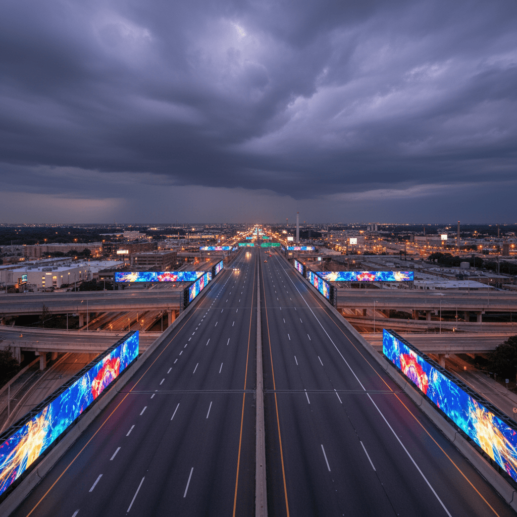 Aerial view of interstate highway with vibrant LED digital billboards lining both sides under dramatic evening sky