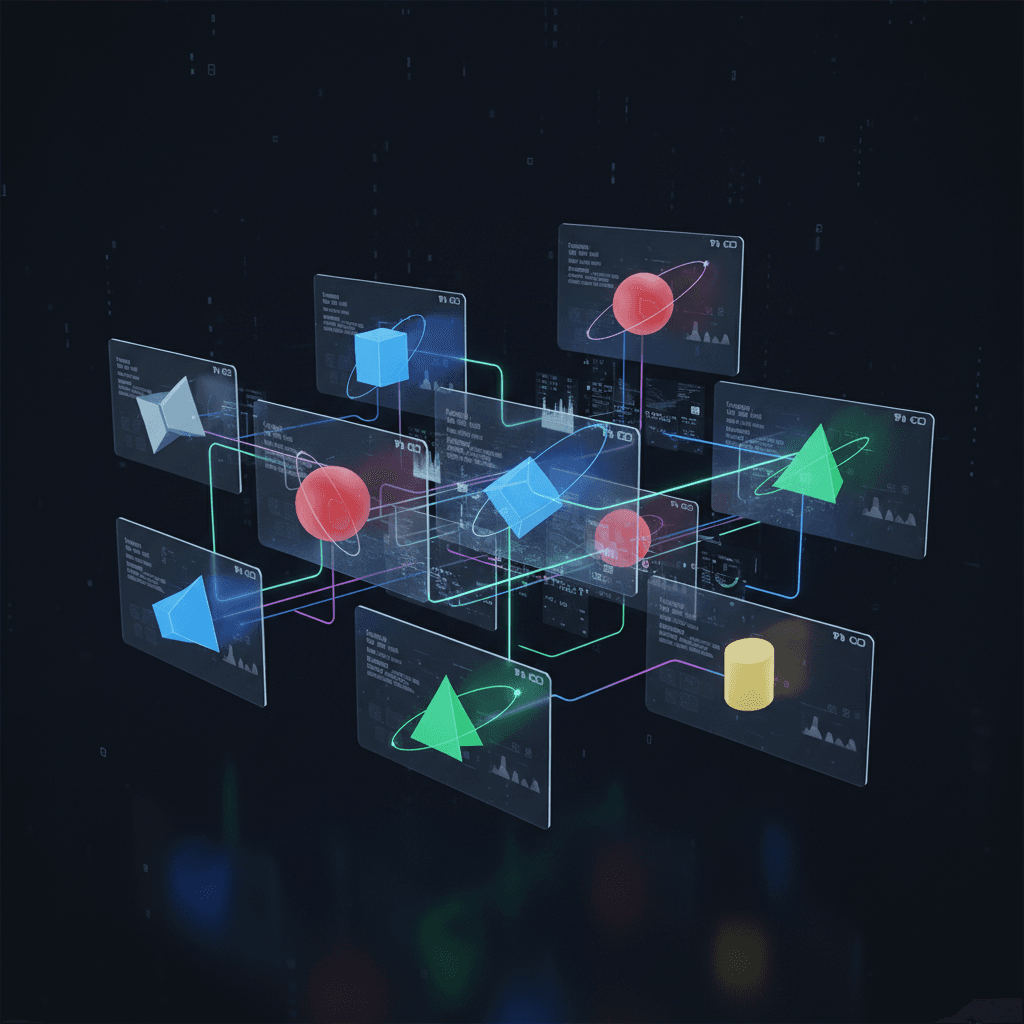Abstract 3D visualization of interconnected transparent digital screens floating in space with colorful geometric shapes and data streams connecting them