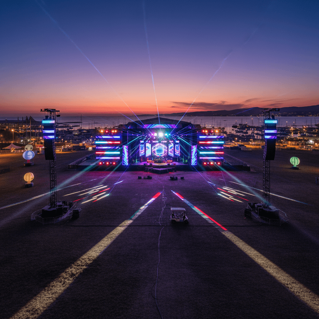 Outdoor festival stage with dramatic LED lighting displays and colorful beams projecting across an open field at sunset