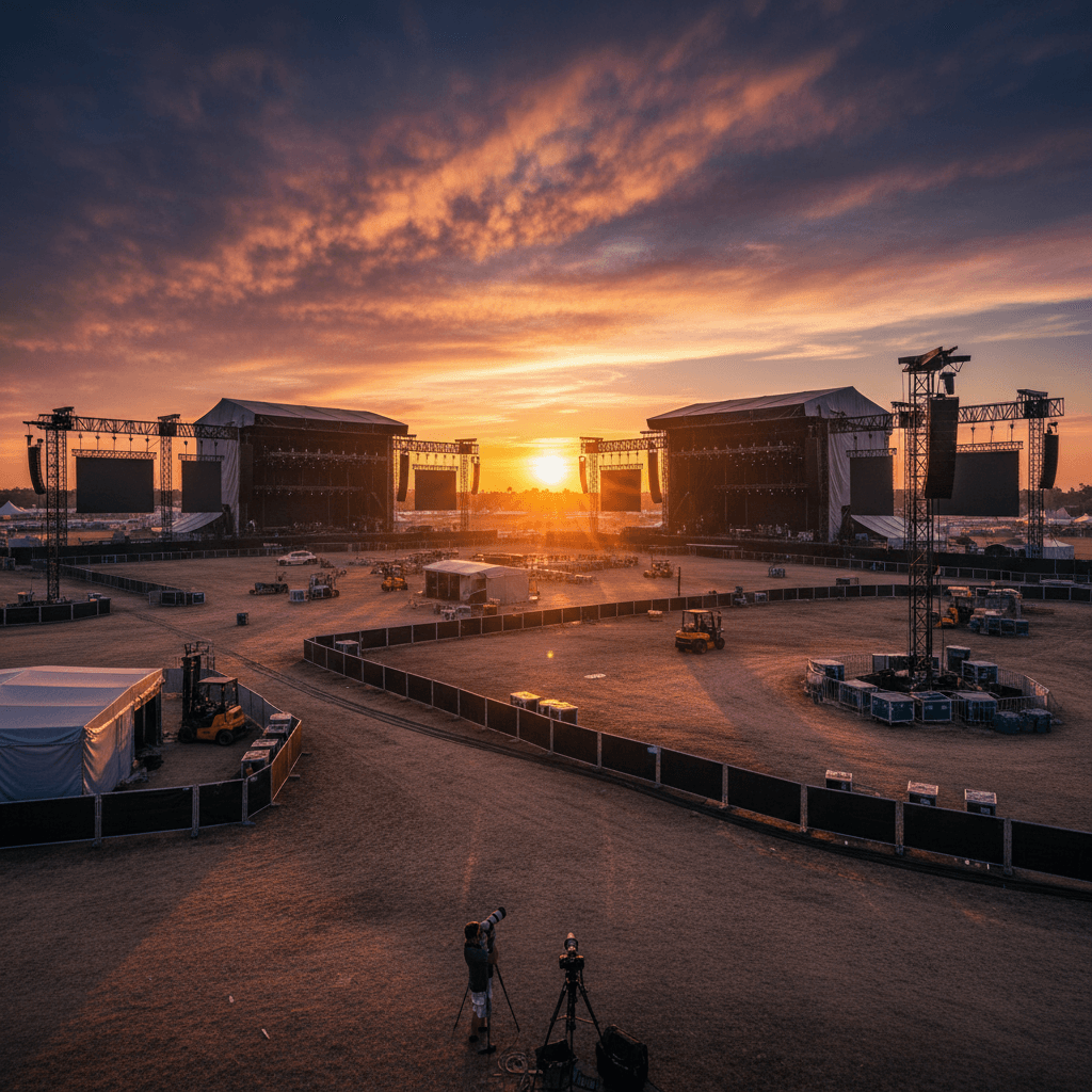 Festival grounds during setup at sunset with empty stages and lighting equipment against dramatic orange sky
