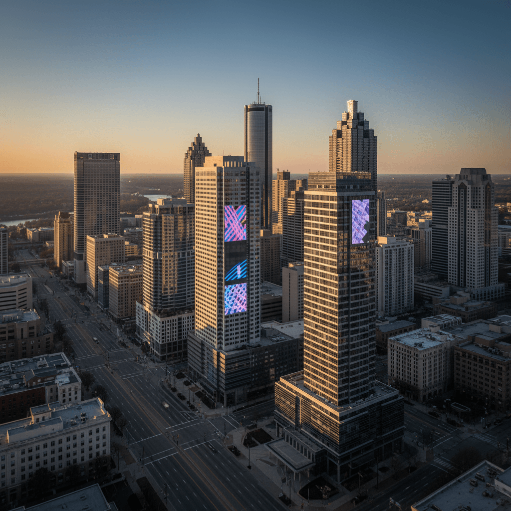 Aerial view of Atlanta's downtown skyline at golden hour with illuminated LED displays on modern skyscrapers and urban architecture