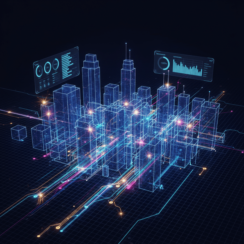 3D wireframe visualization of smart city with GPS tracking data streams and analytics dashboards floating above digital cityscape