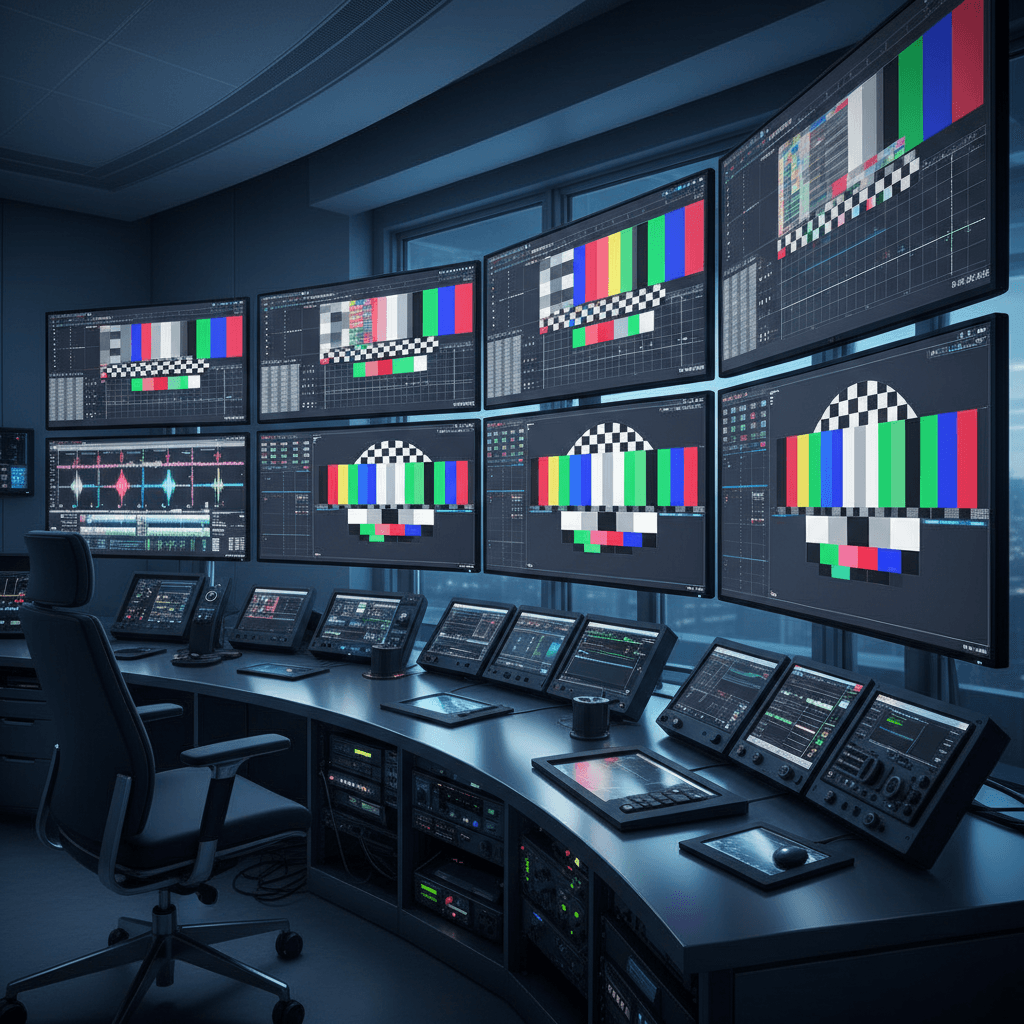 Professional broadcast control room with multiple curved monitors displaying colorful test patterns and technical interfaces