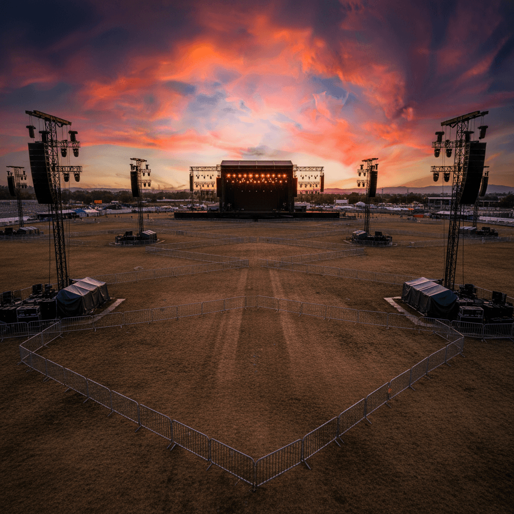 Large outdoor event venue with empty stage setup and lighting towers under dramatic sunset sky