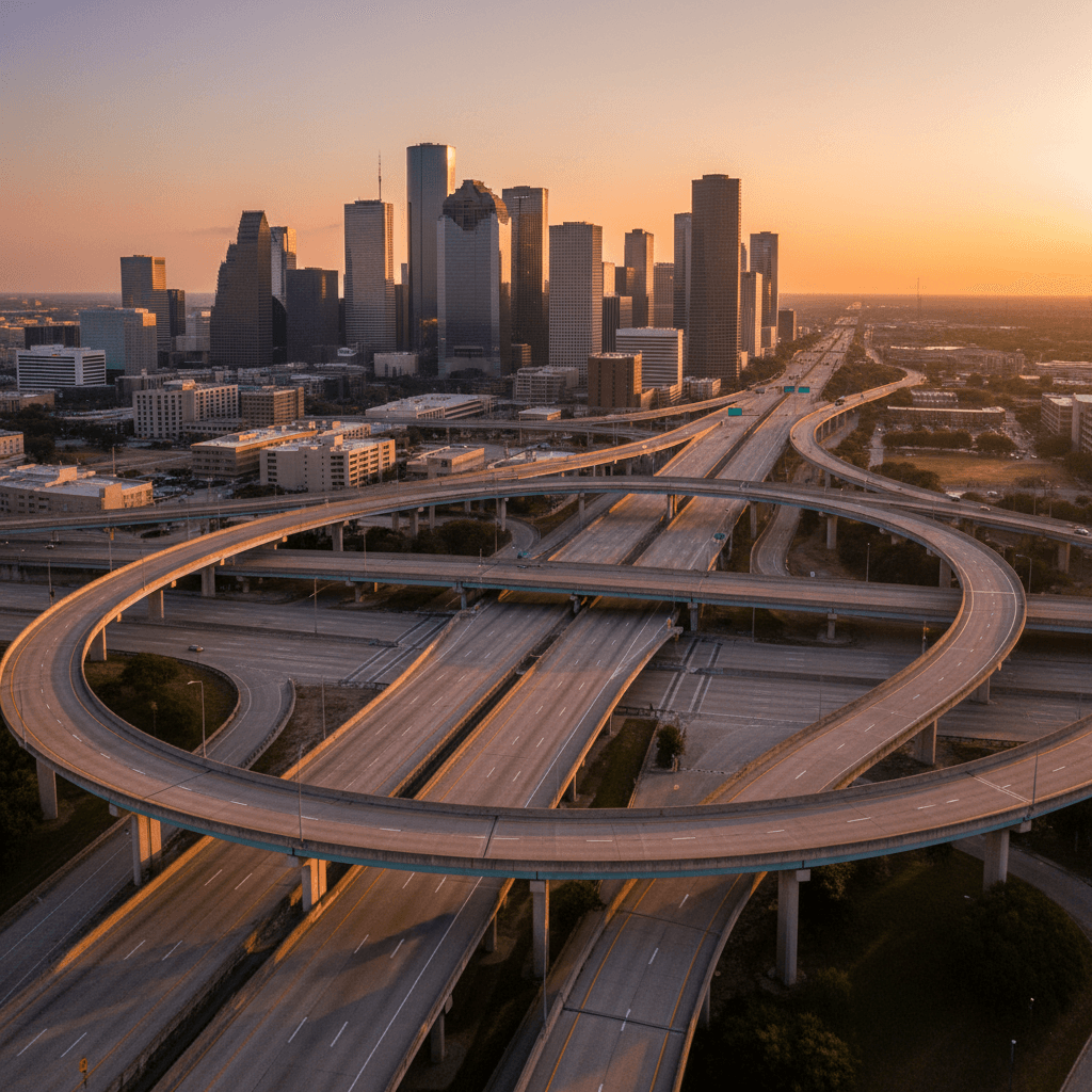 Aerial view of Houston's downtown skyline at golden hour with complex highway interchanges and elevated roadways in the foreground