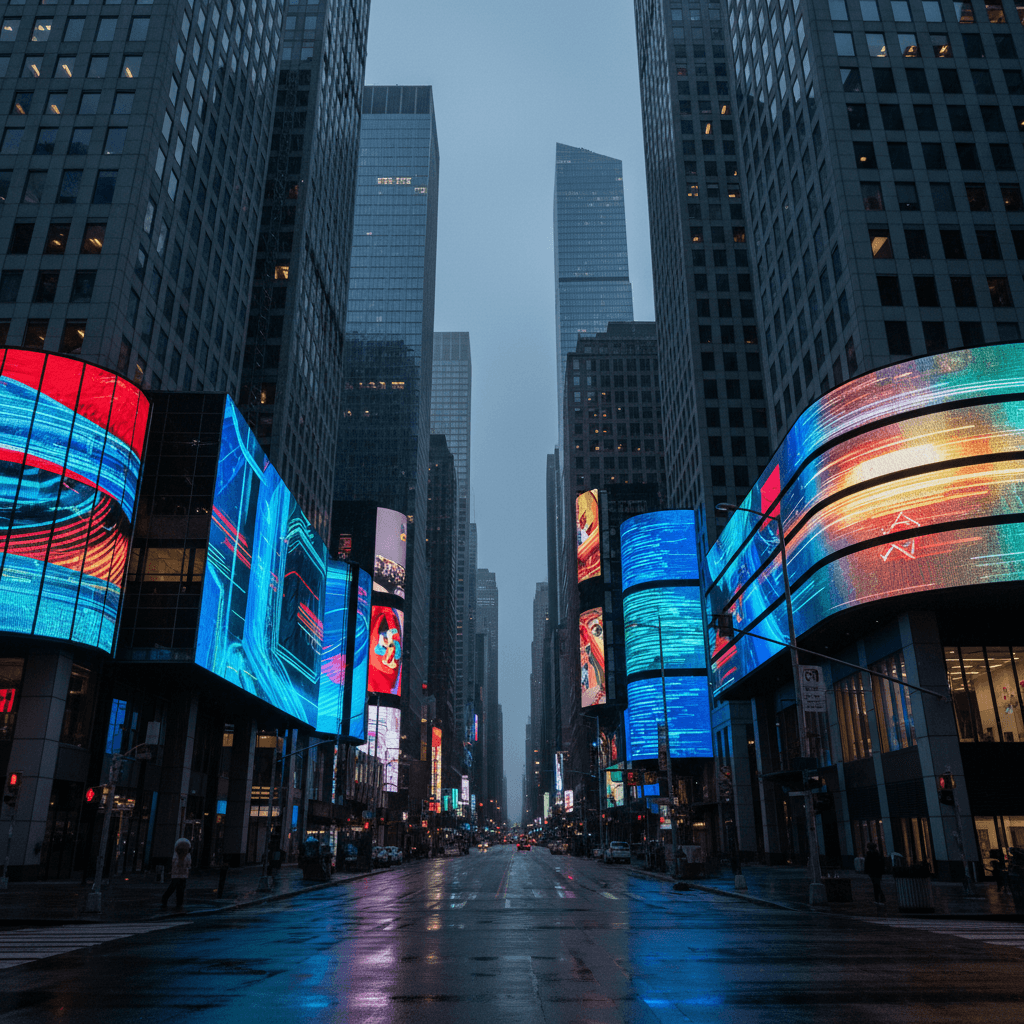 Urban canyon lined with towering glass buildings featuring large curved LED displays and digital billboards at dusk