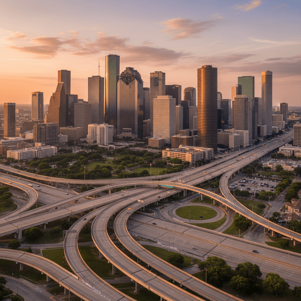 Aerial view of Houston's downtown skyline at golden hour with highway interchanges and urban infrastructure in the foreground