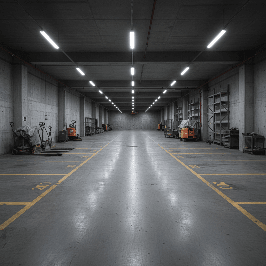Large empty industrial warehouse with concrete floors and fluorescent lighting suitable for vehicle storage