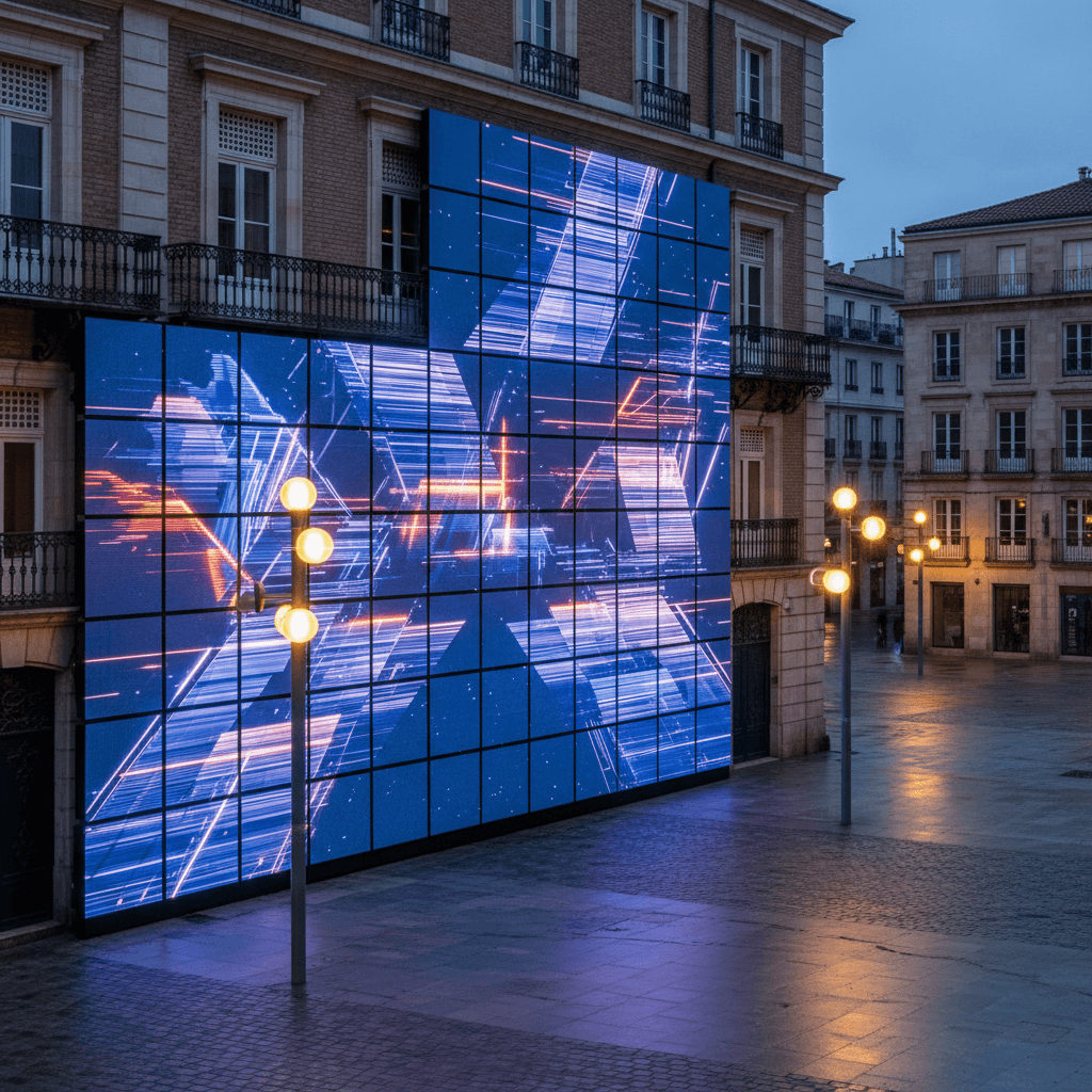 Large LED display screen array integrated into historic urban plaza architecture during evening blue hour