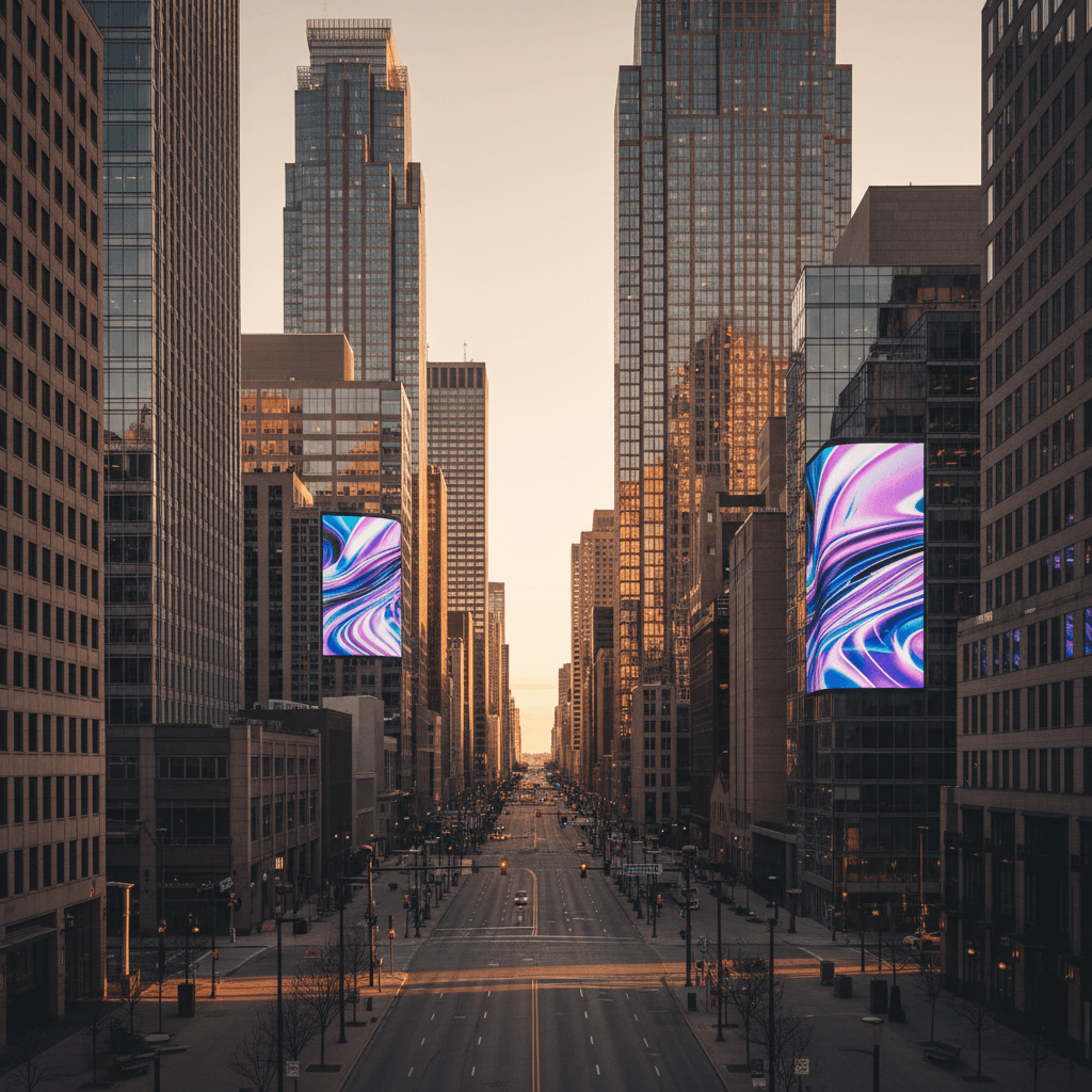 Downtown Minneapolis cityscape at golden hour with LED billboards displaying colorful abstract patterns on building facades, creating dramatic urban canyon view