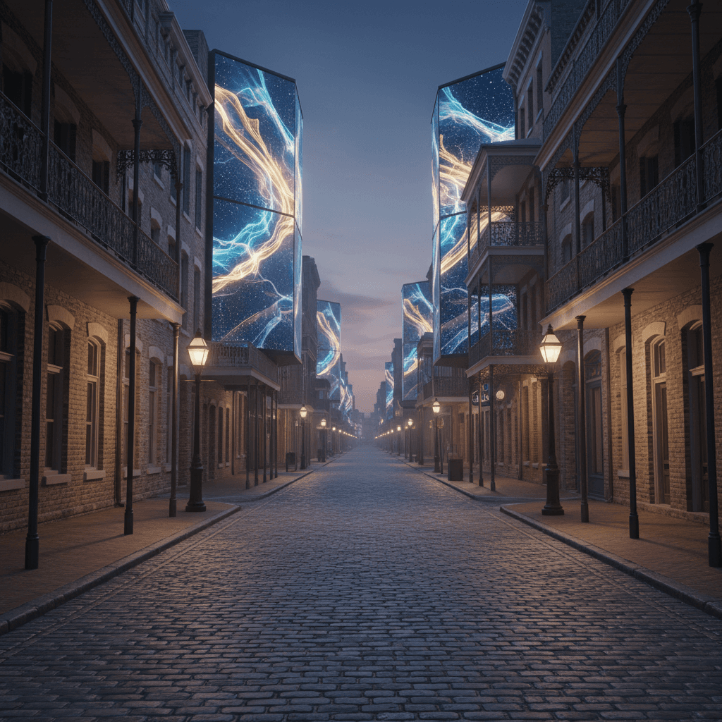 Historic Savannah street at dusk with Victorian-era buildings and ornate iron balconies, featuring large LED billboard displays mounted above the cobblestone roadway