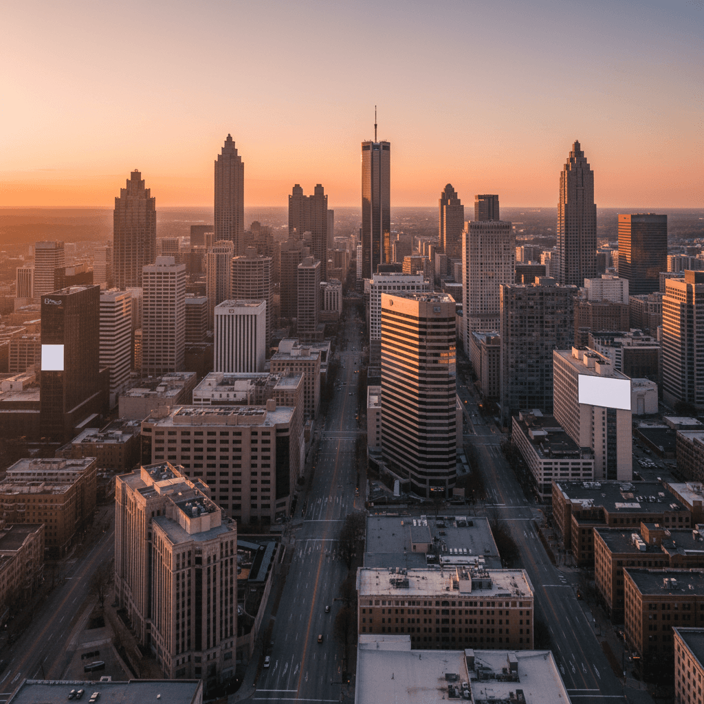 Aerial view of Atlanta downtown skyline at golden hour with towering skyscrapers and urban streets below