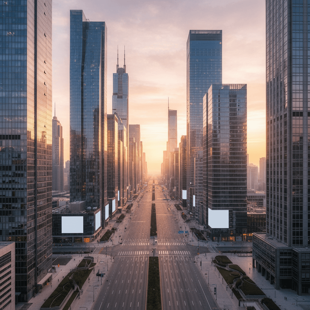 Aerial view of a metropolitan cityscape at dawn showing wide boulevards and towering glass skyscrapers with warm sunrise lighting