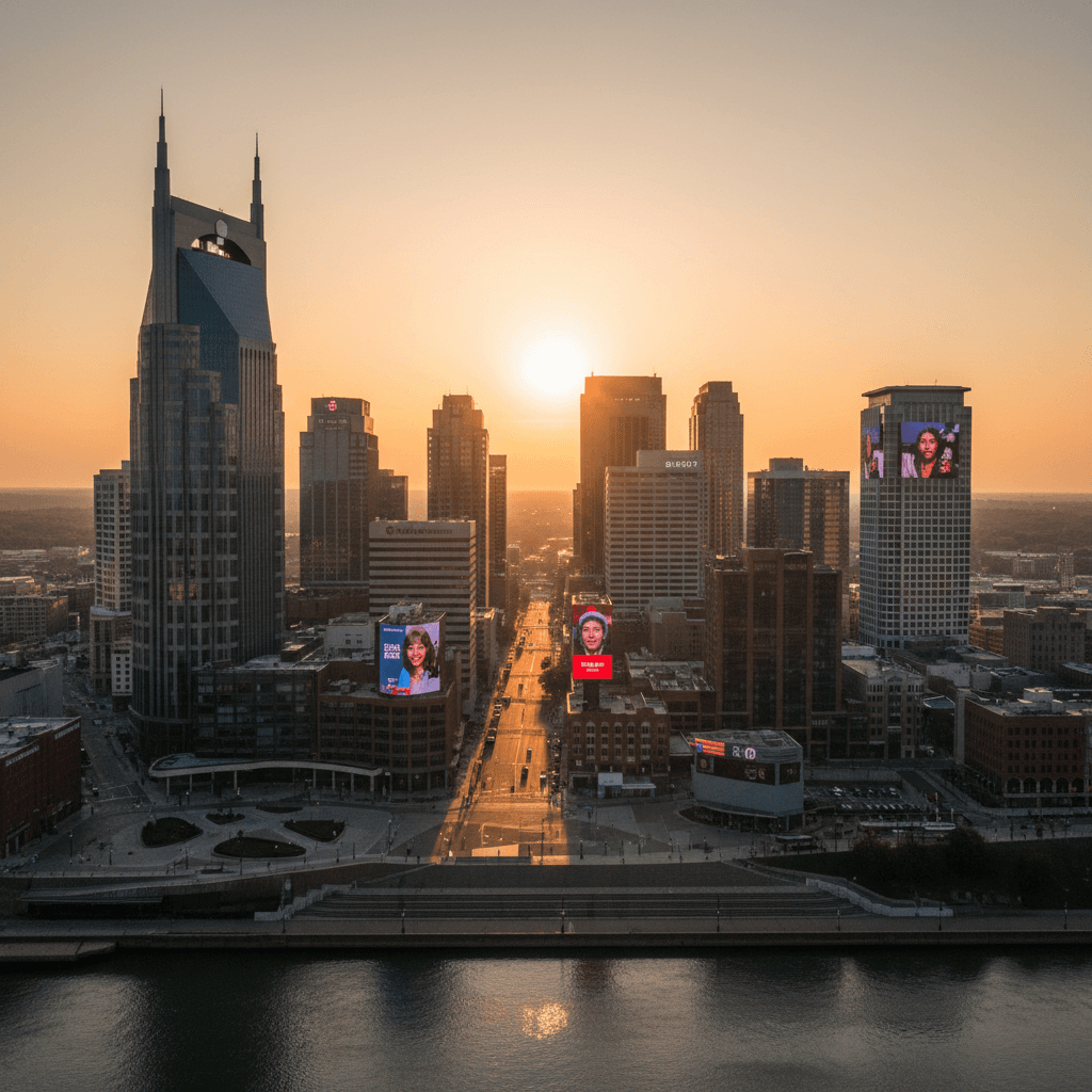Nashville downtown skyline at golden hour featuring the iconic AT&T Building with multiple digital billboards displayed on surrounding skyscrapers