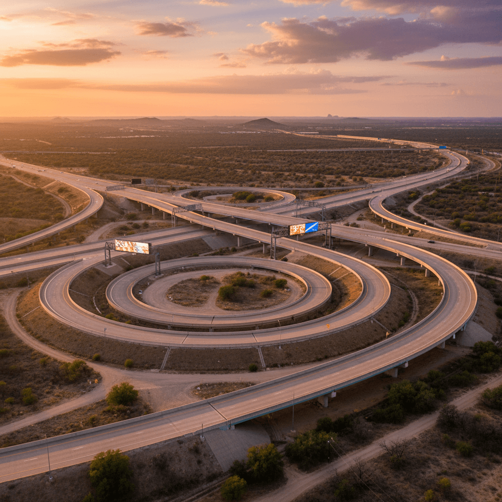 Dramatic aerial sunset view of a complex highway interchange with curved elevated roadways and digital billboard displays in South Texas landscape