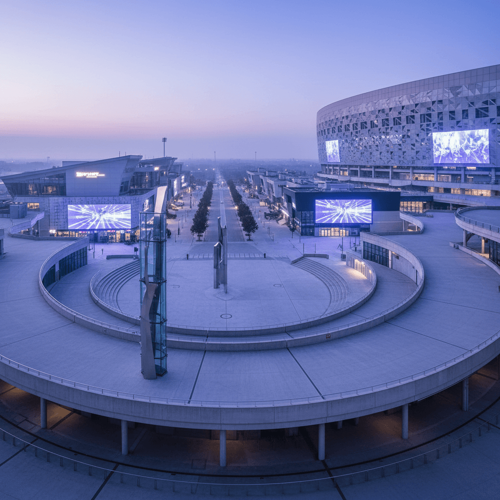 Modern stadium entertainment district plaza at twilight with large LED screens and contemporary architecture