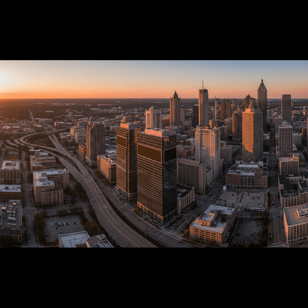 Aerial view of Atlanta's downtown skyline at golden hour showing major highways and urban infrastructure ideal for billboard advertising
