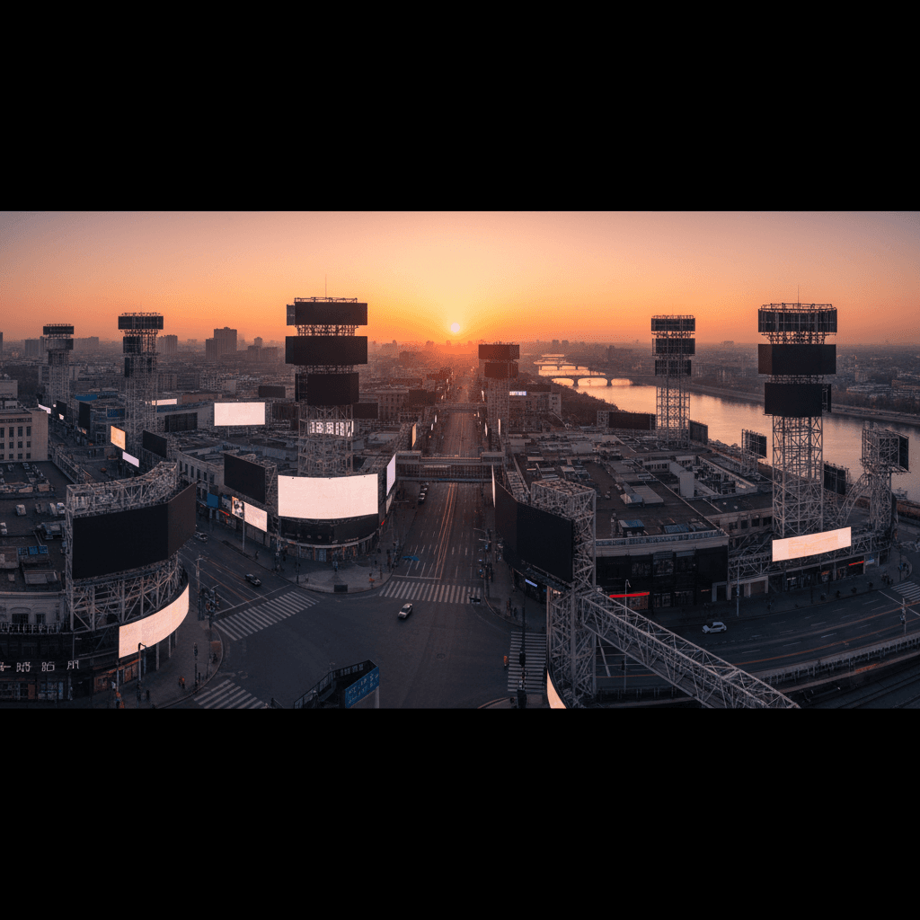Urban cityscape at dawn showing multiple empty billboard structures and digital display frameworks silhouetted against a golden sunrise with river in background