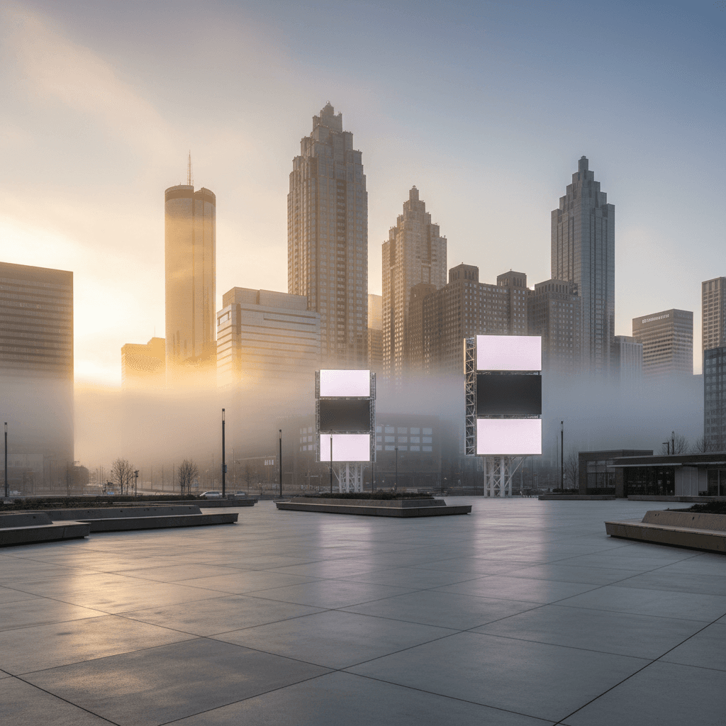 Downtown Atlanta skyline at sunrise with modern digital billboard displays positioned in urban plaza, showcasing prime advertising locations amid towering skyscrapers
