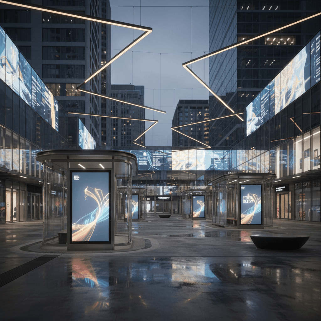 Modern urban plaza with illuminated cylindrical bus shelters featuring glowing LED advertising displays surrounded by contemporary office buildings at dusk