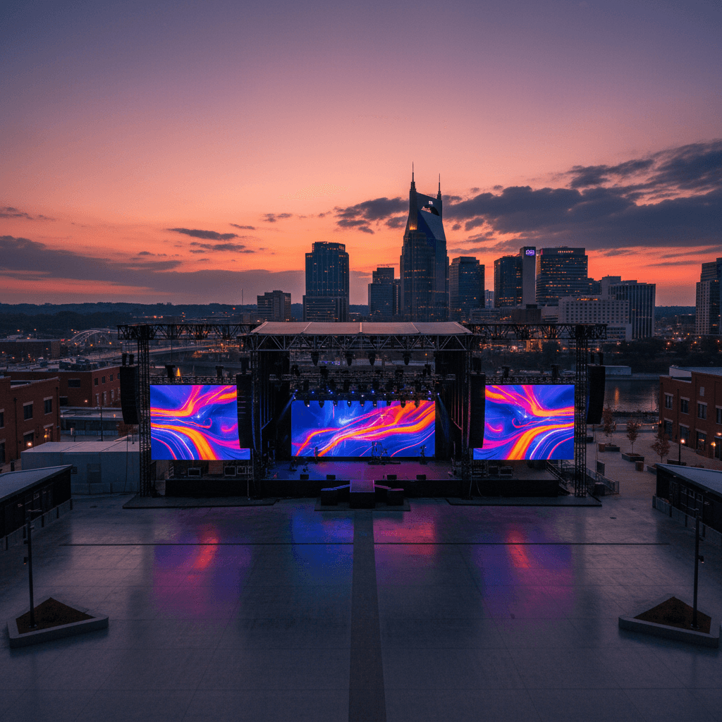Modern outdoor entertainment venue with large LED screens flanking a concert stage setup against Nashville's downtown skyline at sunset